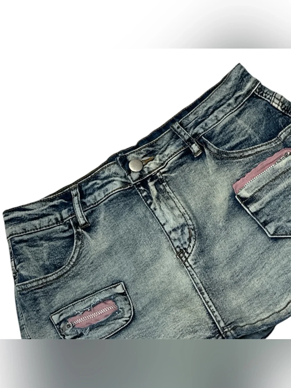 Skirt Low Rise Mini Bodycon Cargo Denim Jean Skirt with Pocket Sz L - Picture 5 of 12